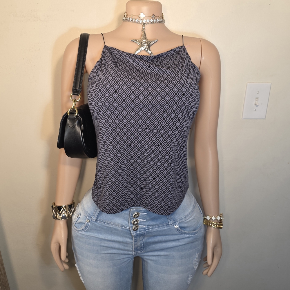 Express Black & Blue Diamond Print Rhinestone Cami Top